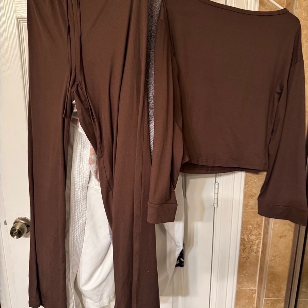 Brown Long Sleeve Top and Cardigan Set